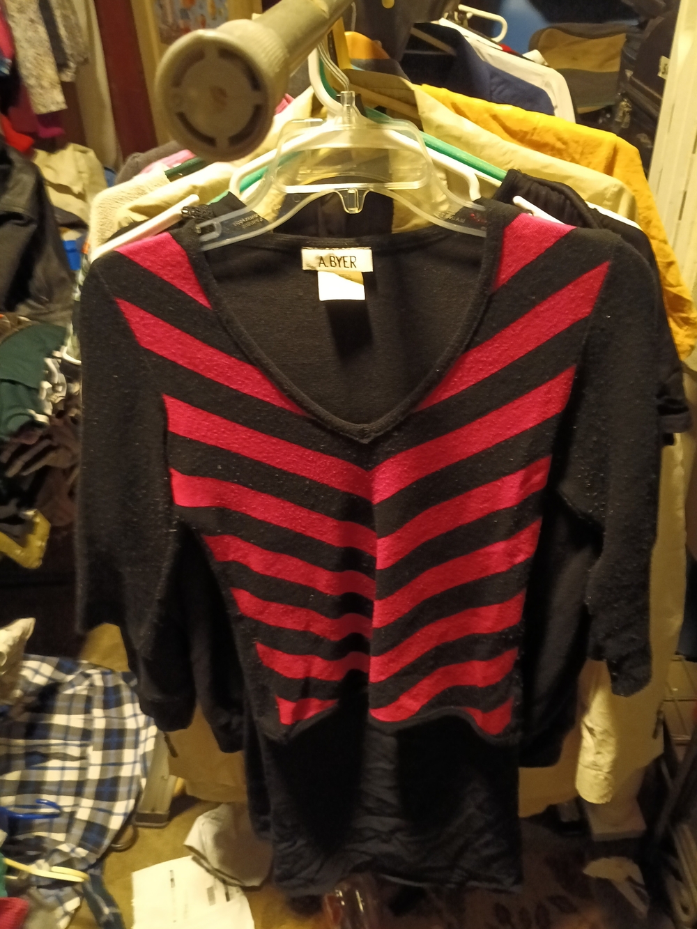 A. Byer Black V-Neck Sweater with Red Stripes